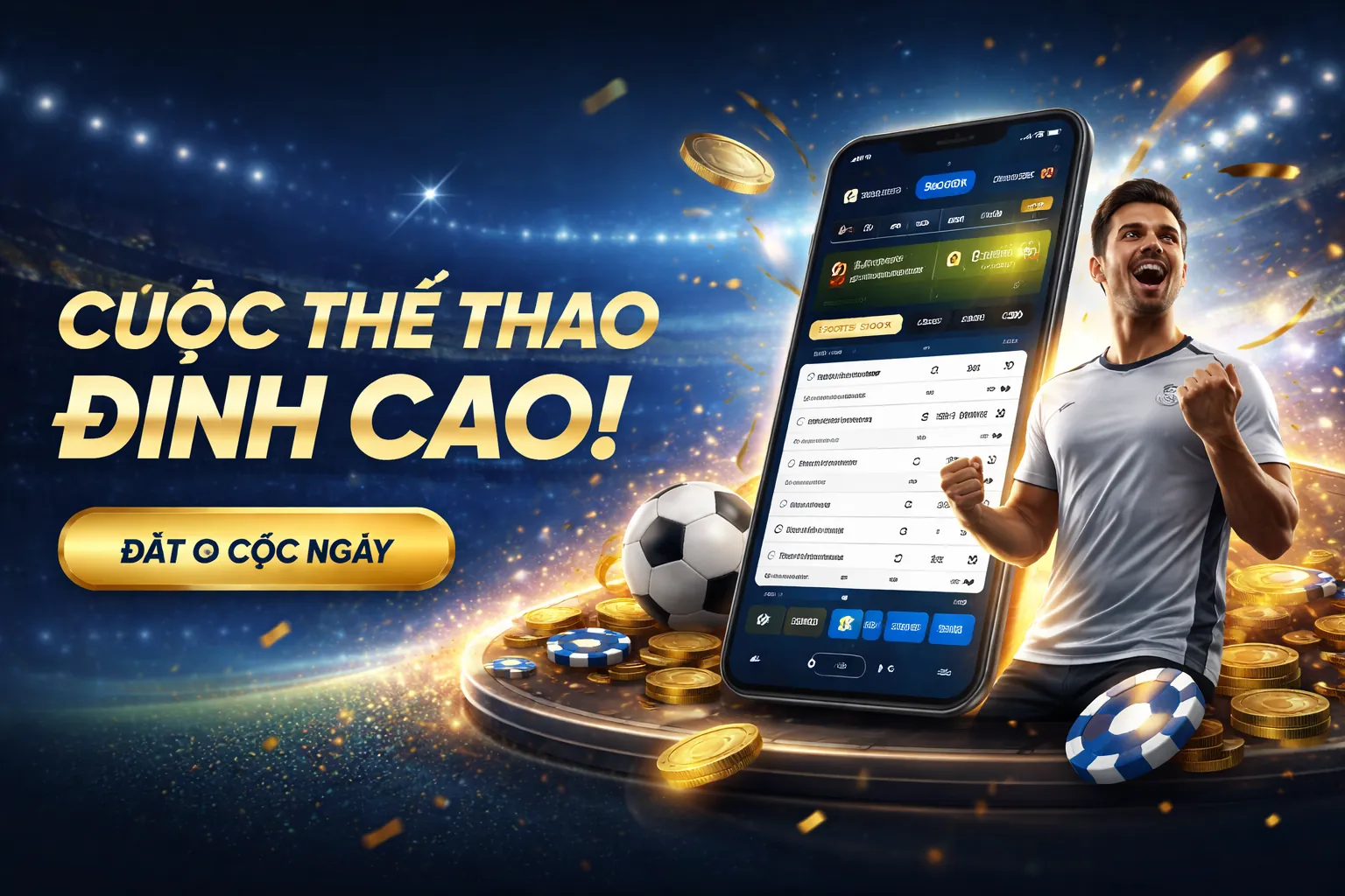 Sân vận động bóng đá với ánh đèn rực rỡ và các cầu thủ đang thi đấu, thể hiện không khí cá cược thể thao trực tiếp sôi động tại EV88